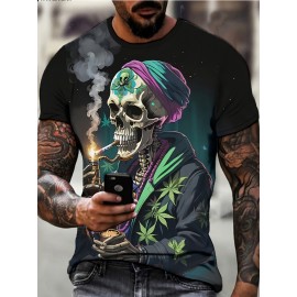 スカルファッション メンズTシャツ、半袖、ラウンドネック、ユニークなプリントデザイン