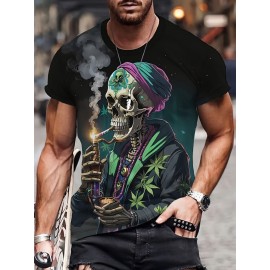 スカルファッション メンズTシャツ、半袖、ラウンドネック、ユニークなプリントデザイン