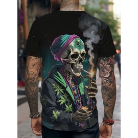 スカルファッション メンズTシャツ、半袖、ラウンドネック、ユニークなプリントデザイン