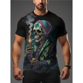 スカルファッション メンズTシャツ、半袖、ラウンドネック、ユニークなプリントデザイン