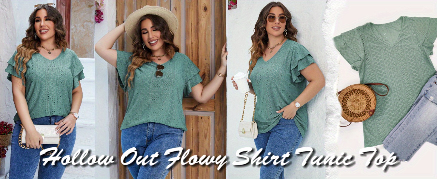 plus size eyelet v neck blouse casual tiered ruffle sleeve blouse for spring summer womens plus size clothing details 0