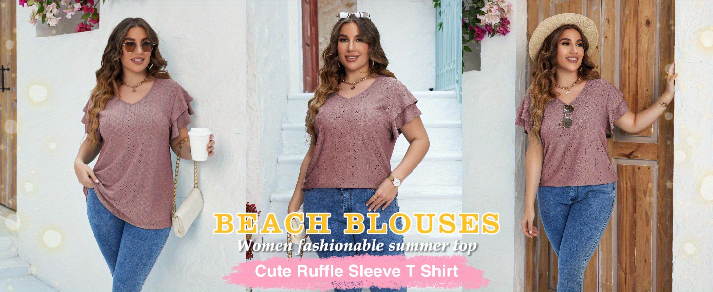 plus size eyelet v neck blouse casual tiered ruffle sleeve blouse for spring summer womens plus size clothing details 1