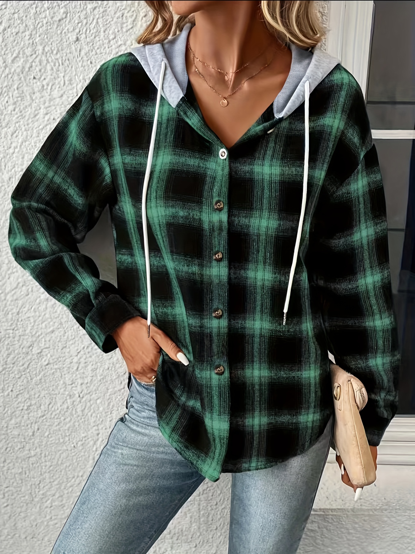 plus size casual blouse womens plus plaid print long sleeve drawstring hooded button up shacket details 1