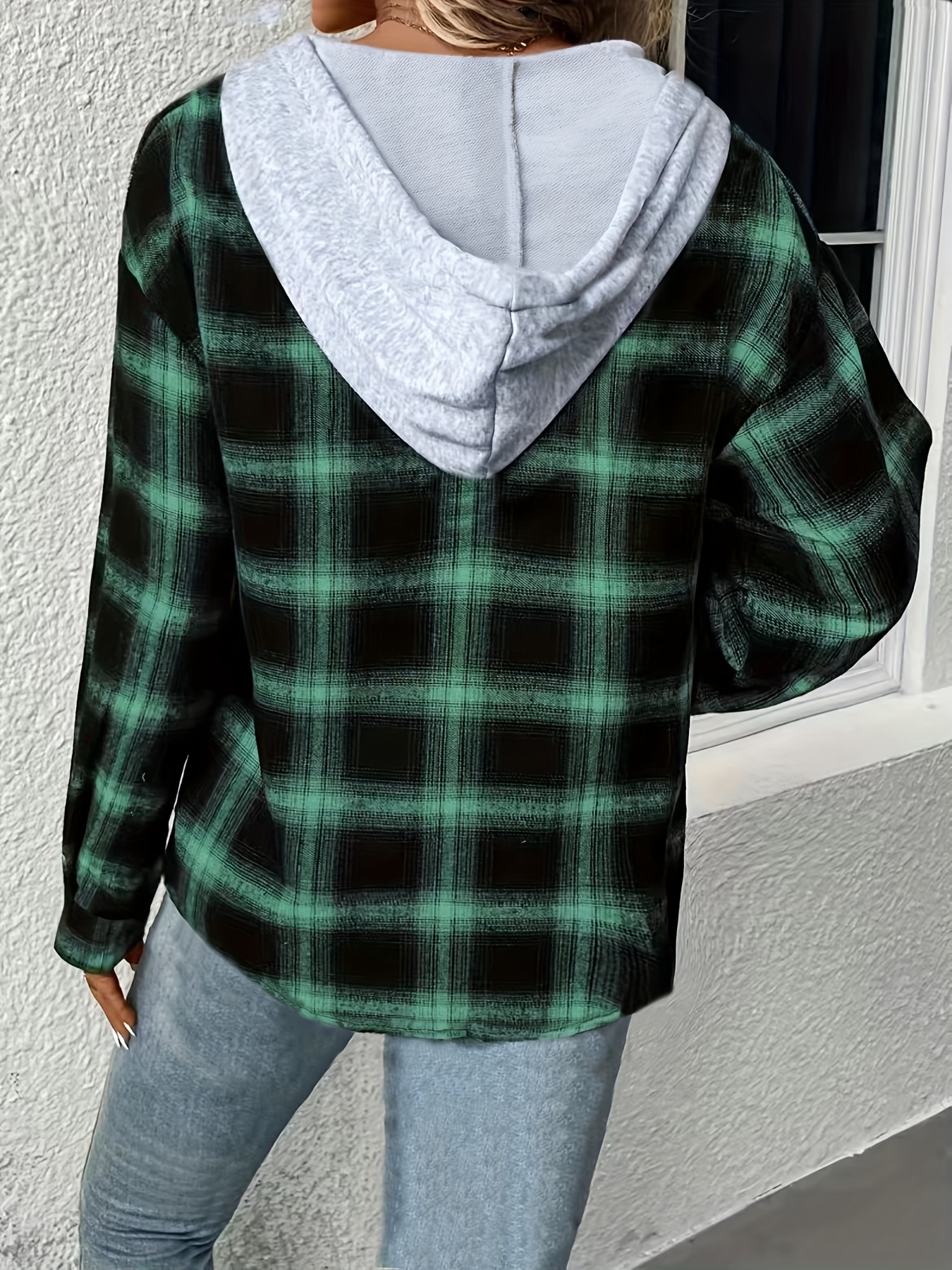 plus size casual blouse womens plus plaid print long sleeve drawstring hooded button up shacket details 2