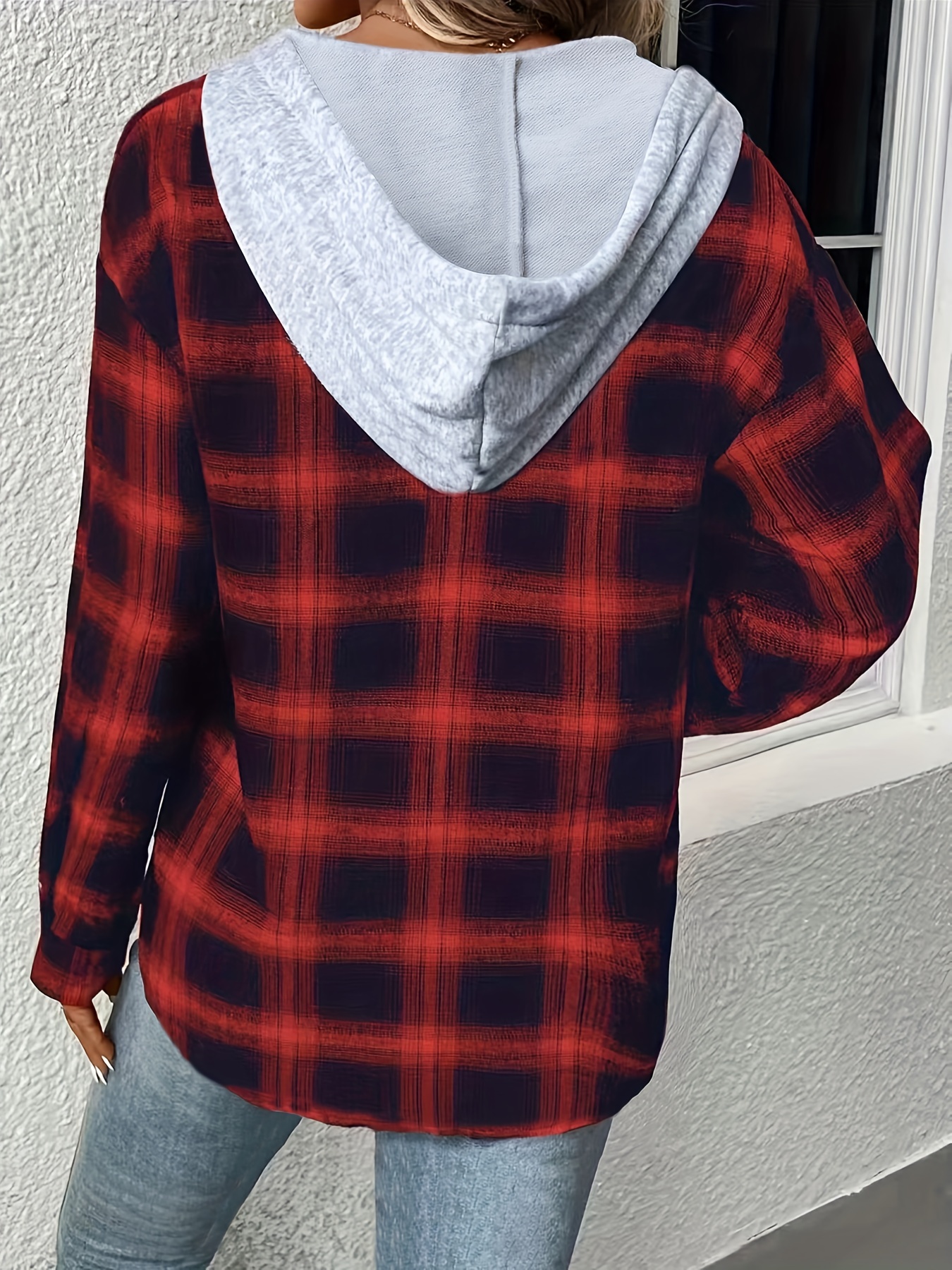 plus size casual blouse womens plus plaid print long sleeve drawstring hooded button up shacket details 5