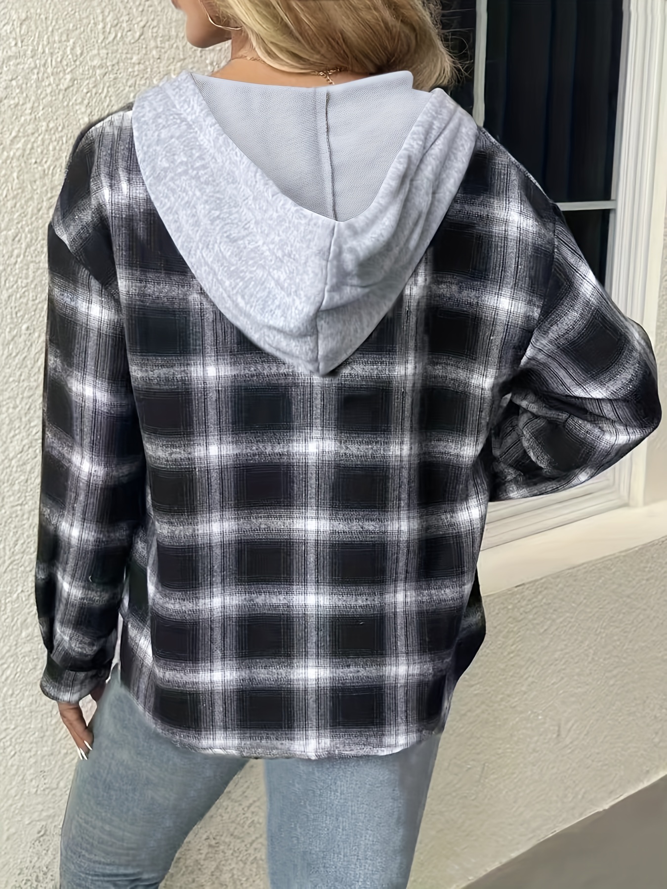 plus size casual blouse womens plus plaid print long sleeve drawstring hooded button up shacket details 8