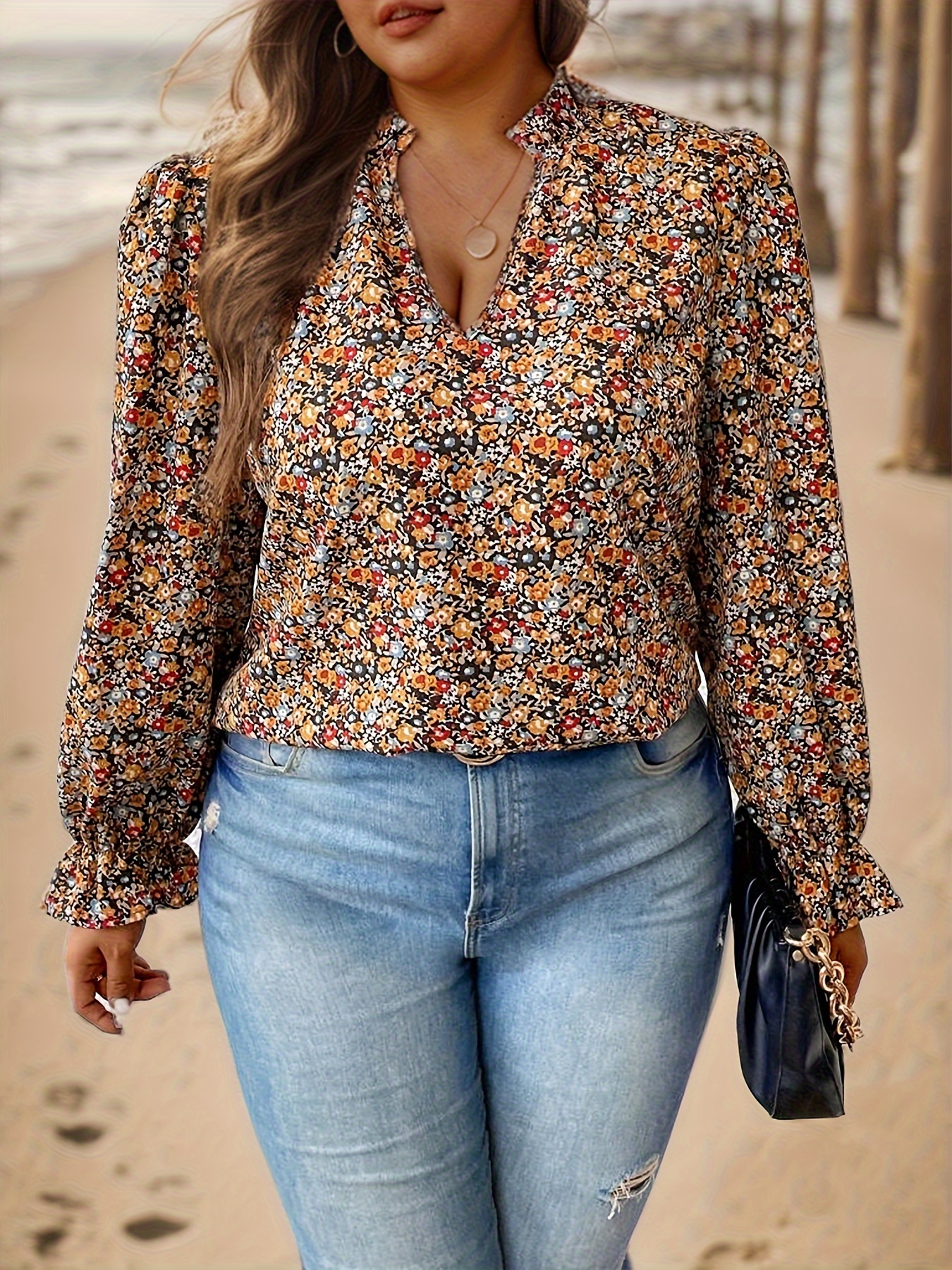 plus size floral print v neck blouse elegant long sleeve blouse for spring fall womens plus size clothing details 0