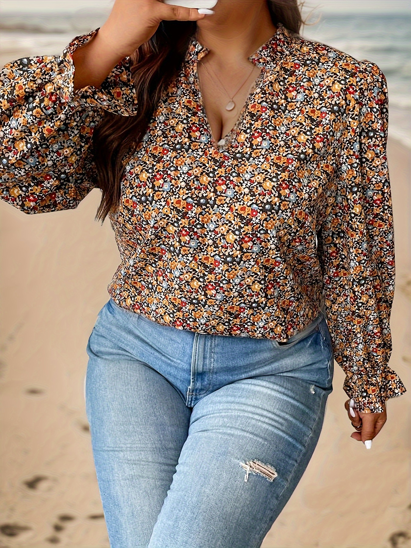 plus size floral print v neck blouse elegant long sleeve blouse for spring fall womens plus size clothing details 1