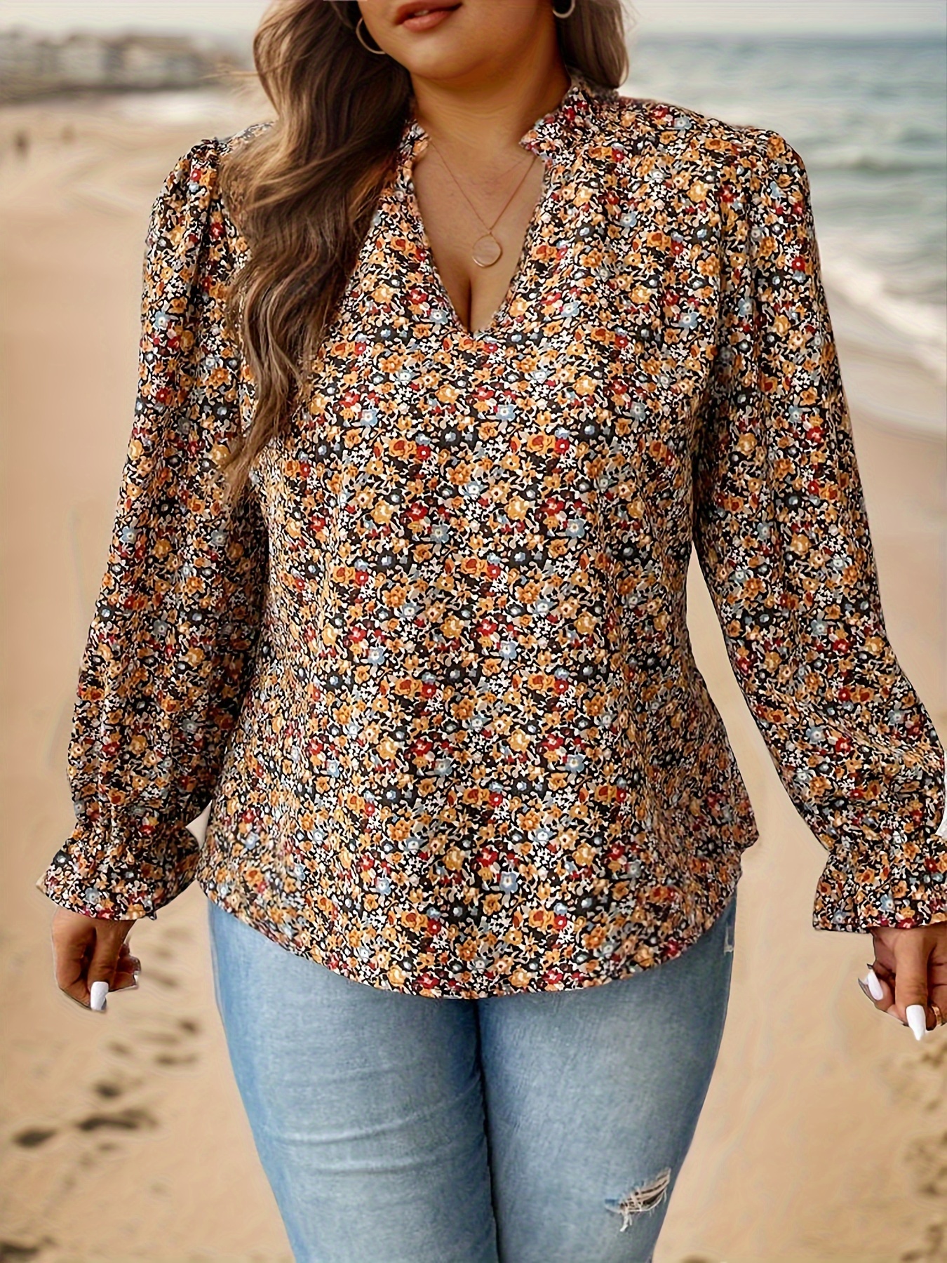 plus size floral print v neck blouse elegant long sleeve blouse for spring fall womens plus size clothing details 2