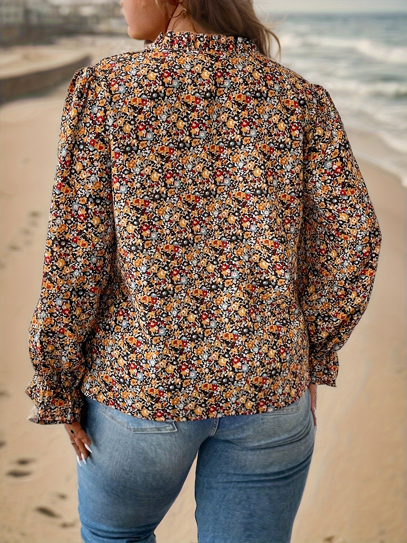 plus size floral print v neck blouse elegant long sleeve blouse for spring fall womens plus size clothing details 3