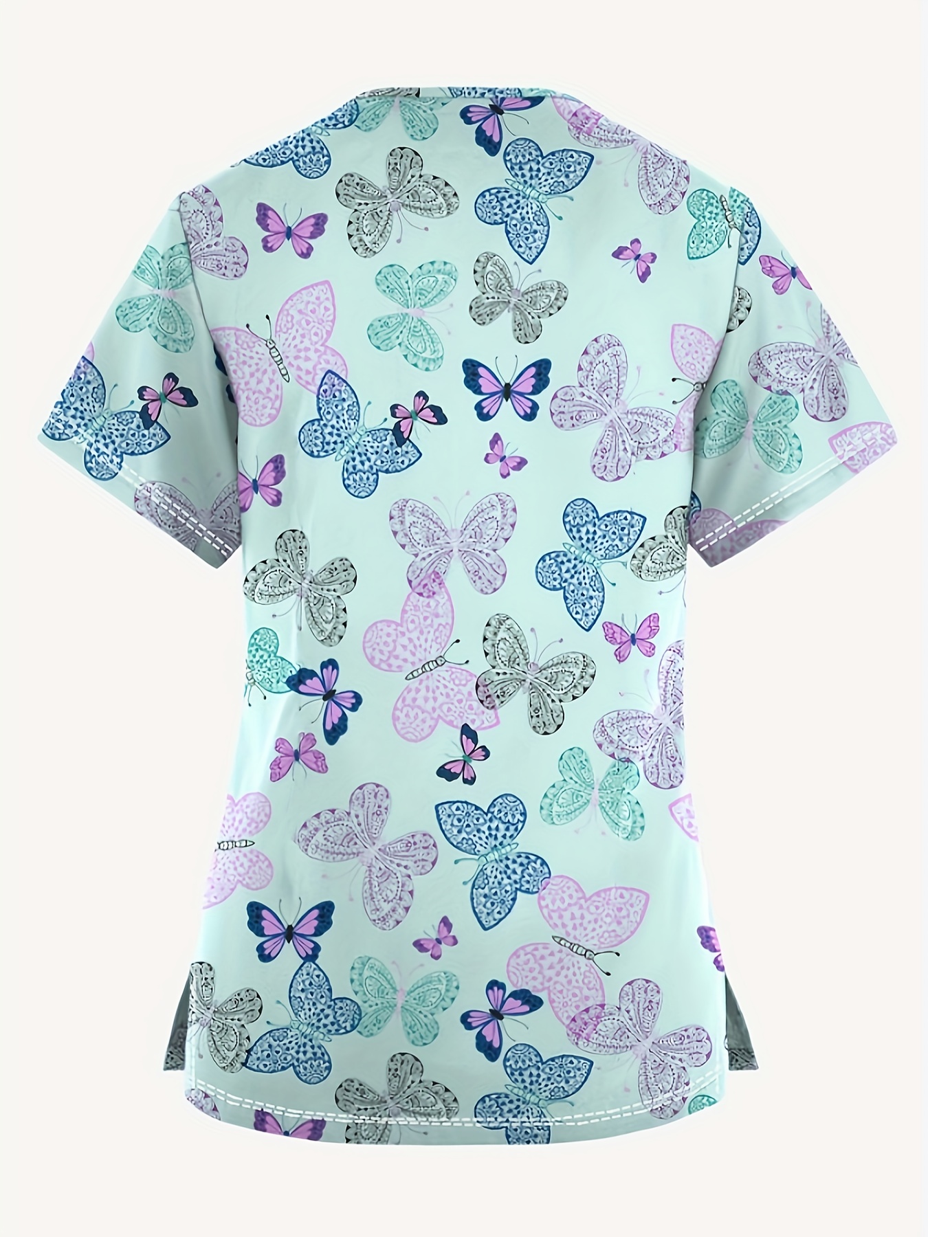 plus size butterfly print split stretchy dual pockets v neck top comfortable functional health care short sleeve uniform for nurse womens plus size clothing details 0