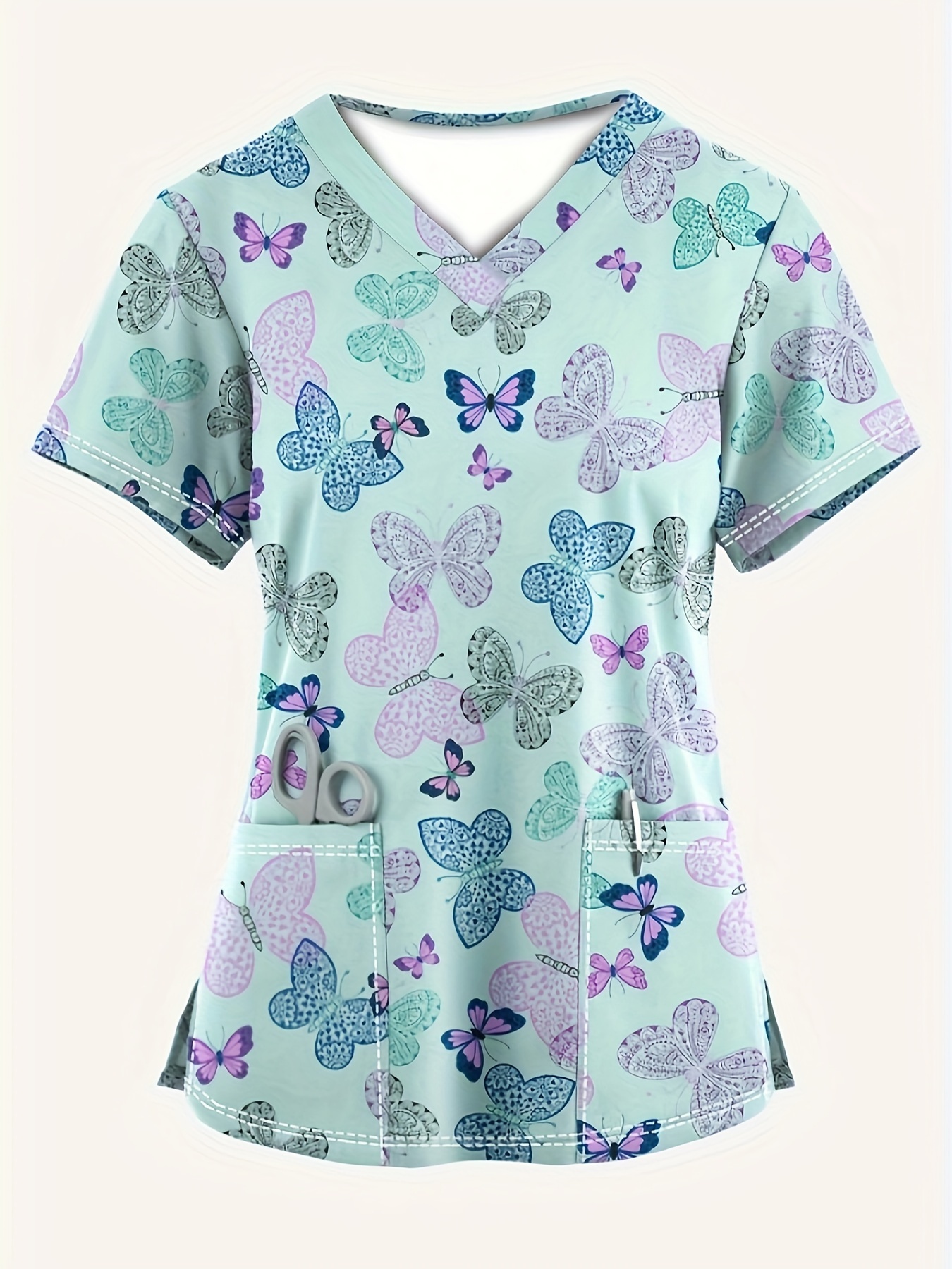 plus size butterfly print split stretchy dual pockets v neck top comfortable functional health care short sleeve uniform for nurse womens plus size clothing details 1