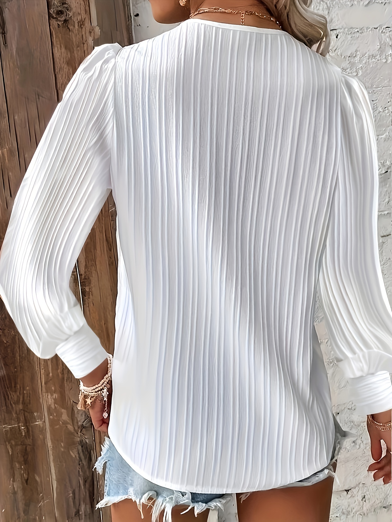 plus size elegant blouse womens plus solid ribbed frill trim long puff sleeve v neck shirt top details 0