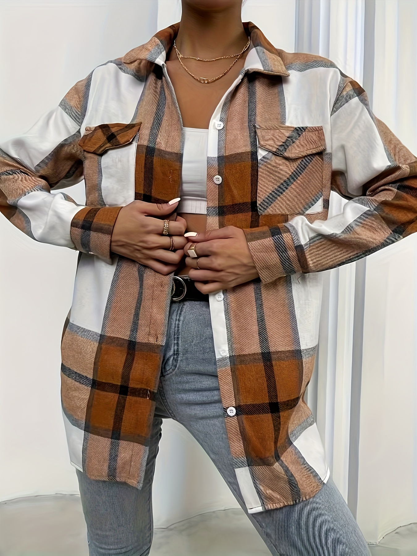 plus size casual blouse womens plus plaid print long sleeve button up lapel collar shirt with flap pockets details 3