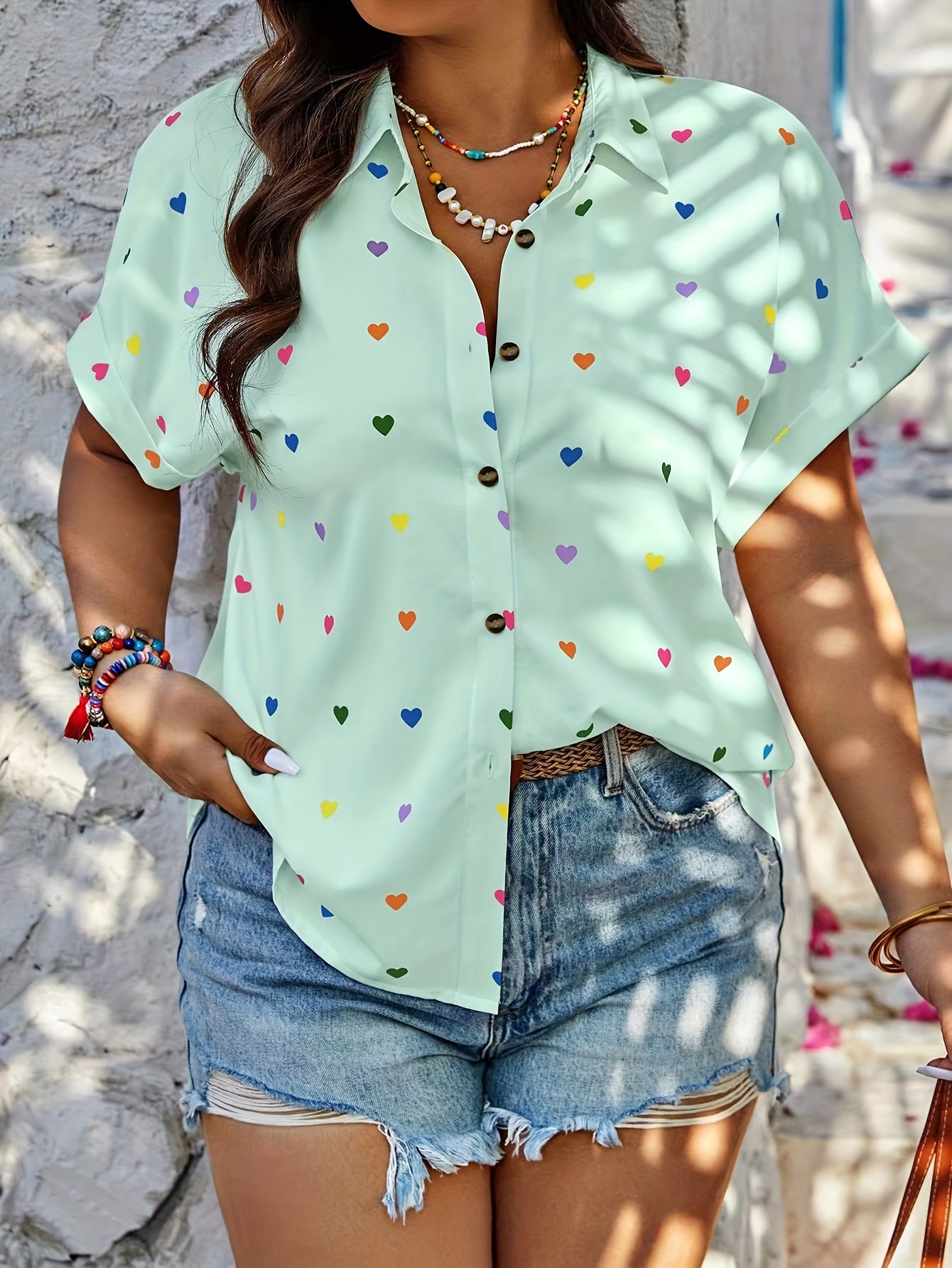 plus size heart print blouse casual short sleeve buttons blouse for spring womens plus size clothing details 1