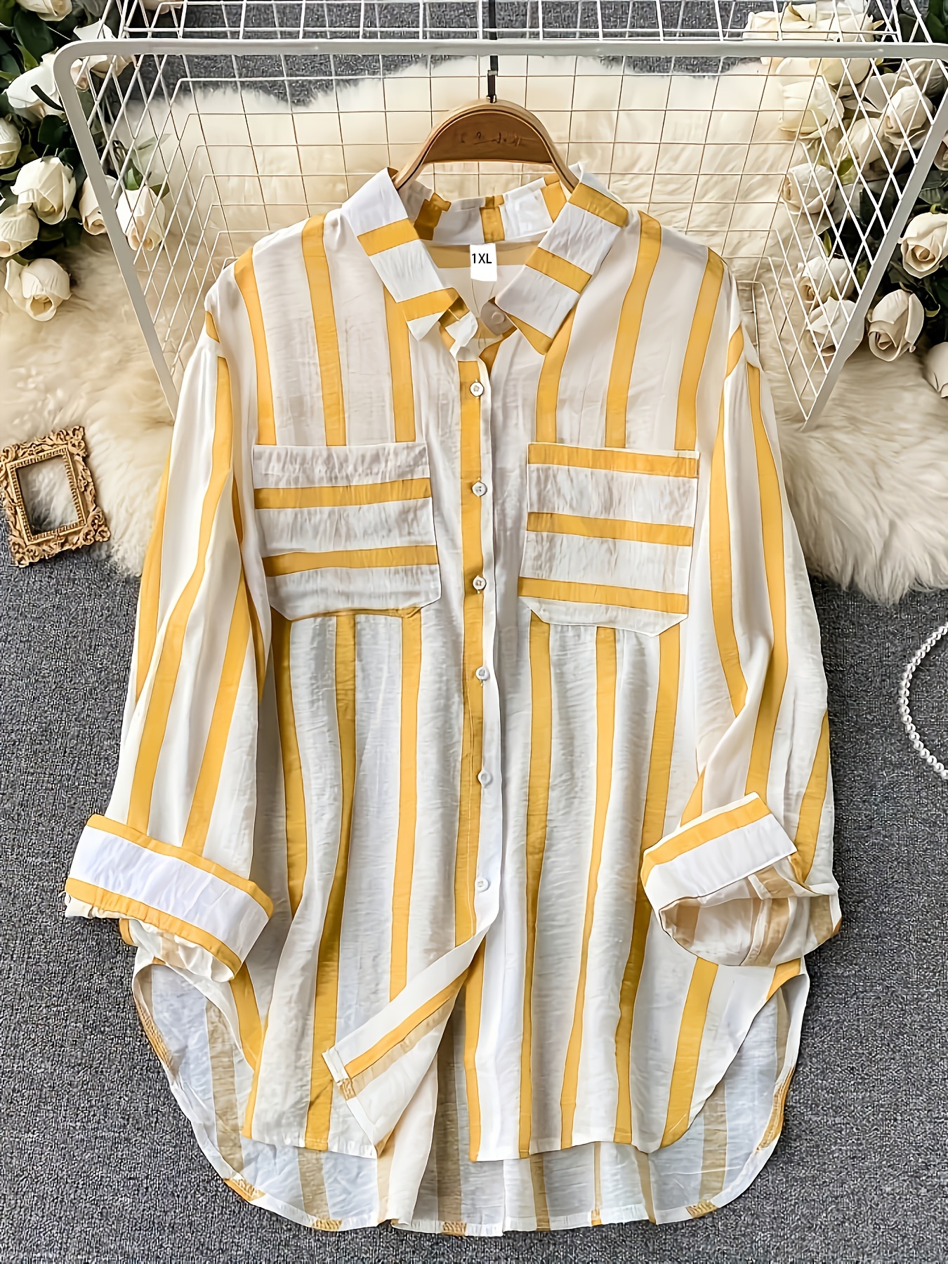 plus size casual blouse womens plus stripe print button up long sleeve turn down collar blouse details 4