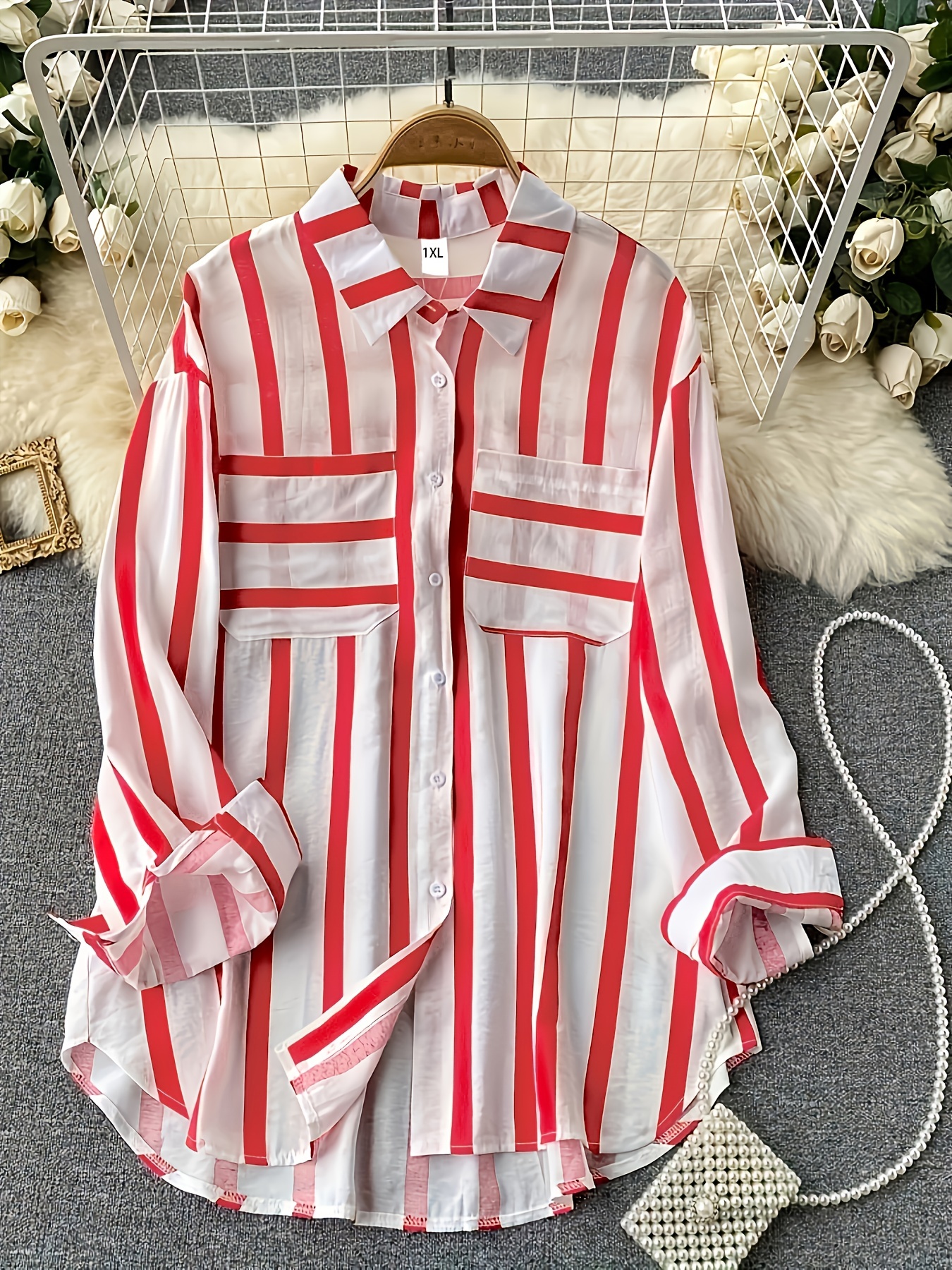 plus size casual blouse womens plus stripe print button up long sleeve turn down collar blouse details 8