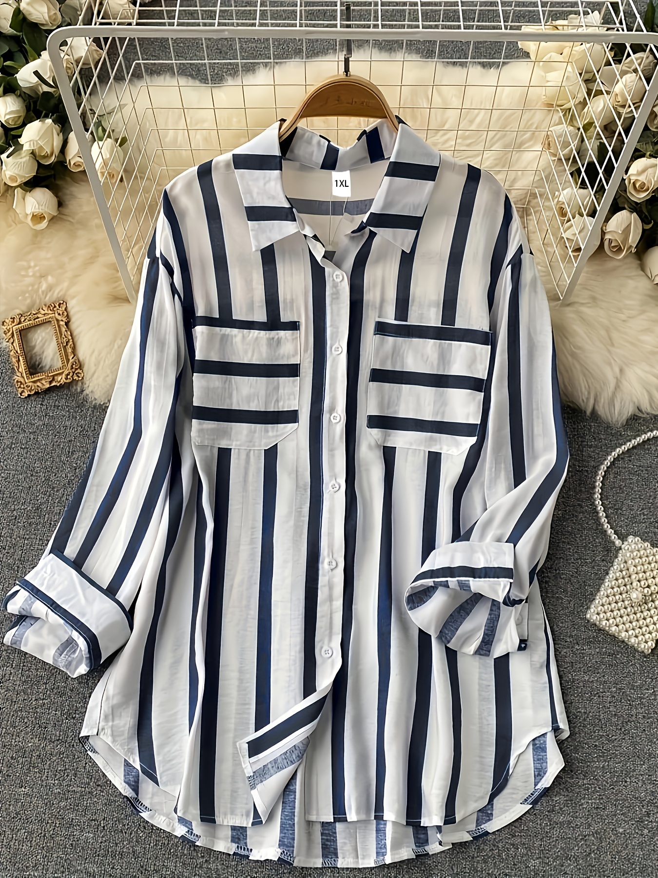 plus size casual blouse womens plus stripe print button up long sleeve turn down collar blouse details 12