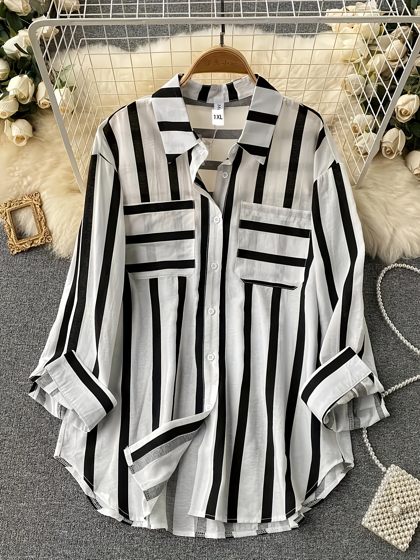 plus size casual blouse womens plus stripe print button up long sleeve turn down collar blouse details 17