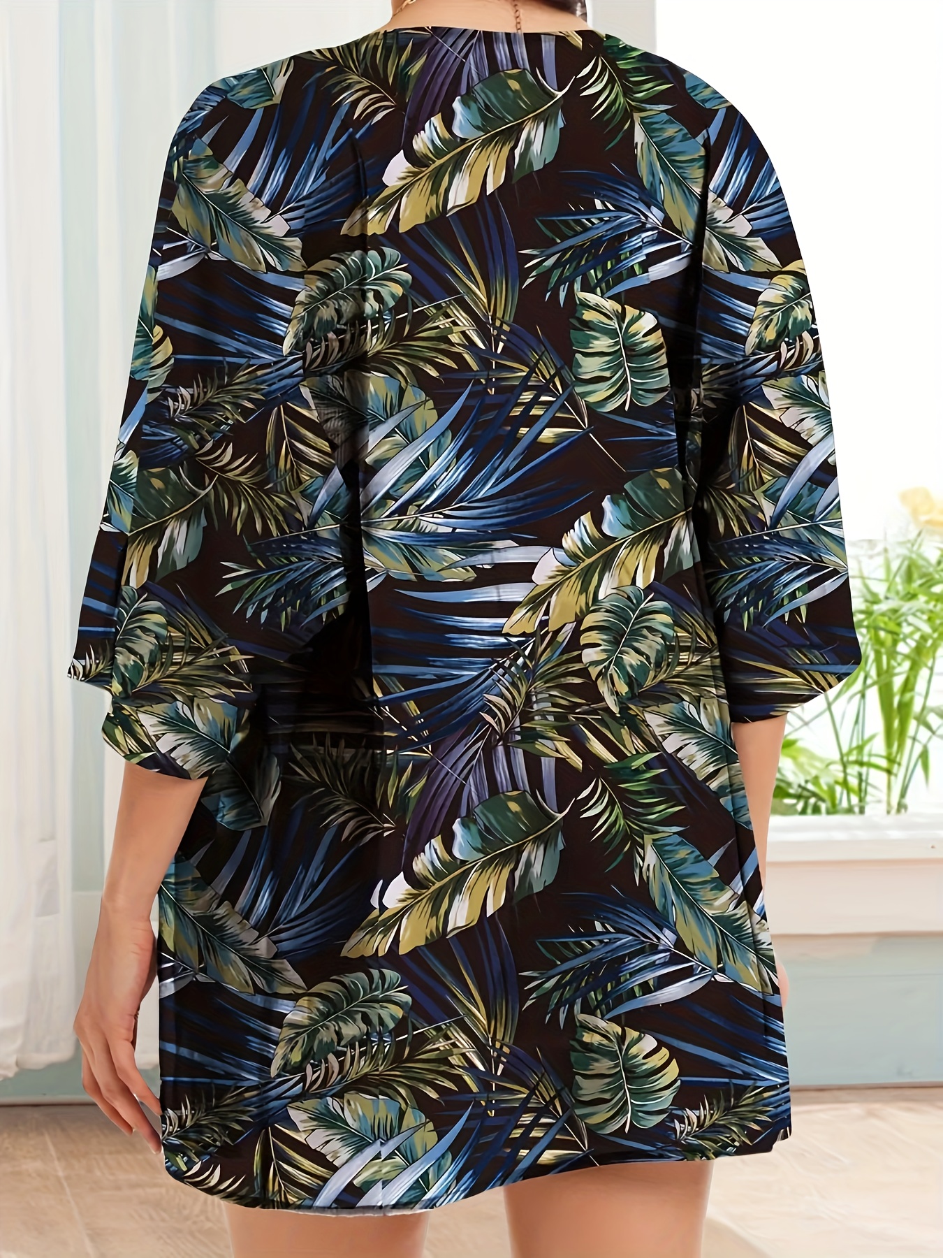 plus size plant print open front kimono casual half sleeve cover up kimono for spring summer womens plus size clothing details 2