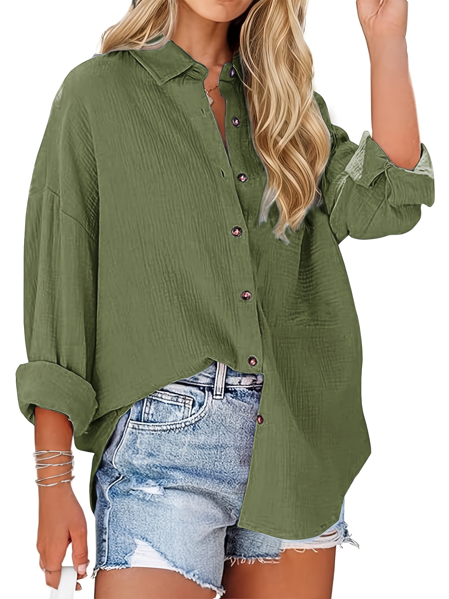 plus size textured button up shirt casual lapel neck long sleeve shirt for daily wear womens plus size clothing details 6