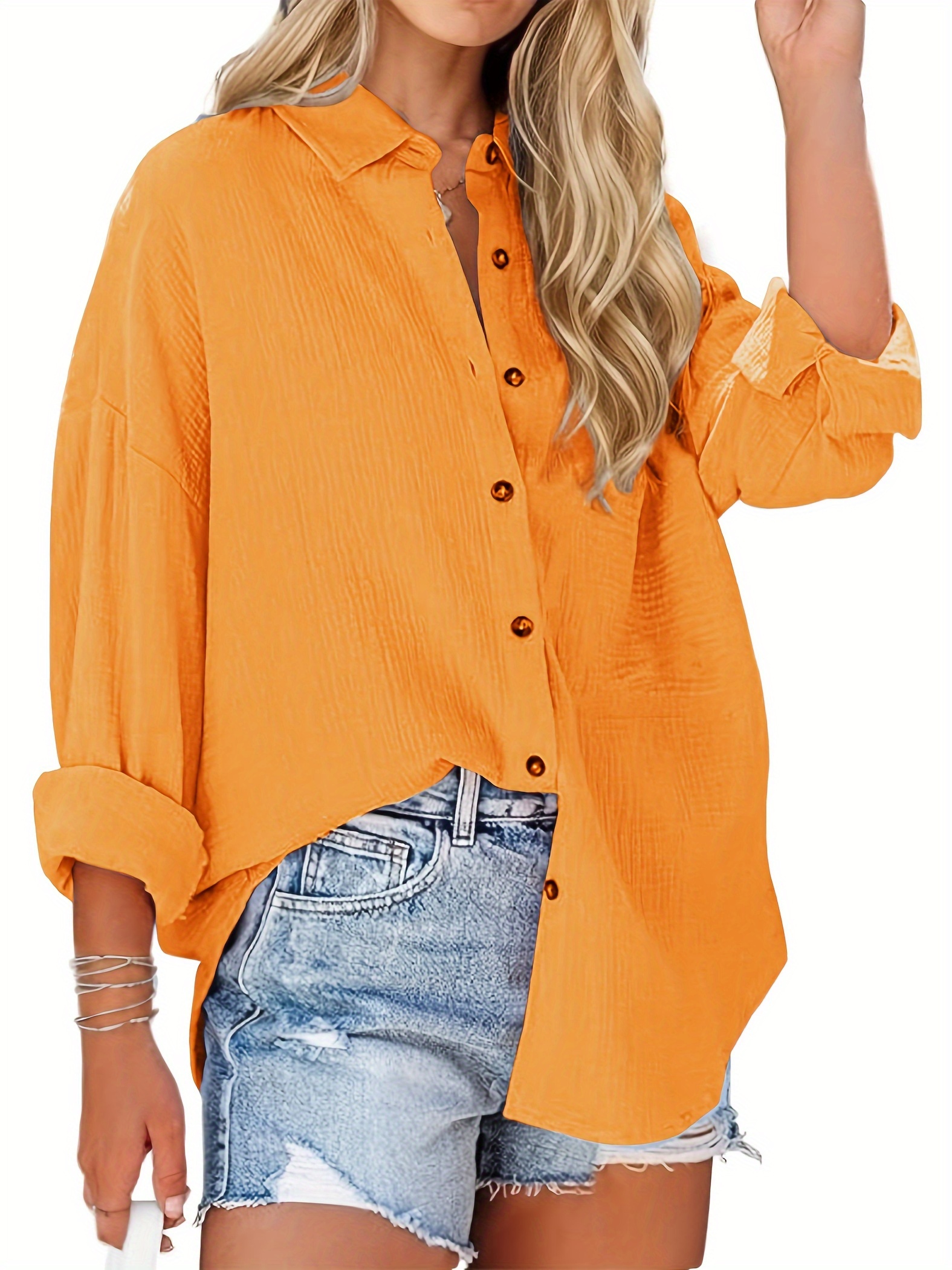 plus size textured button up shirt casual lapel neck long sleeve shirt for daily wear womens plus size clothing details 9