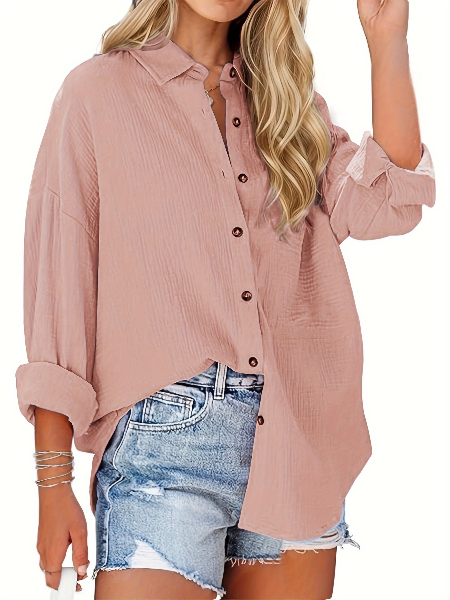 plus size textured button up shirt casual lapel neck long sleeve shirt for daily wear womens plus size clothing details 12