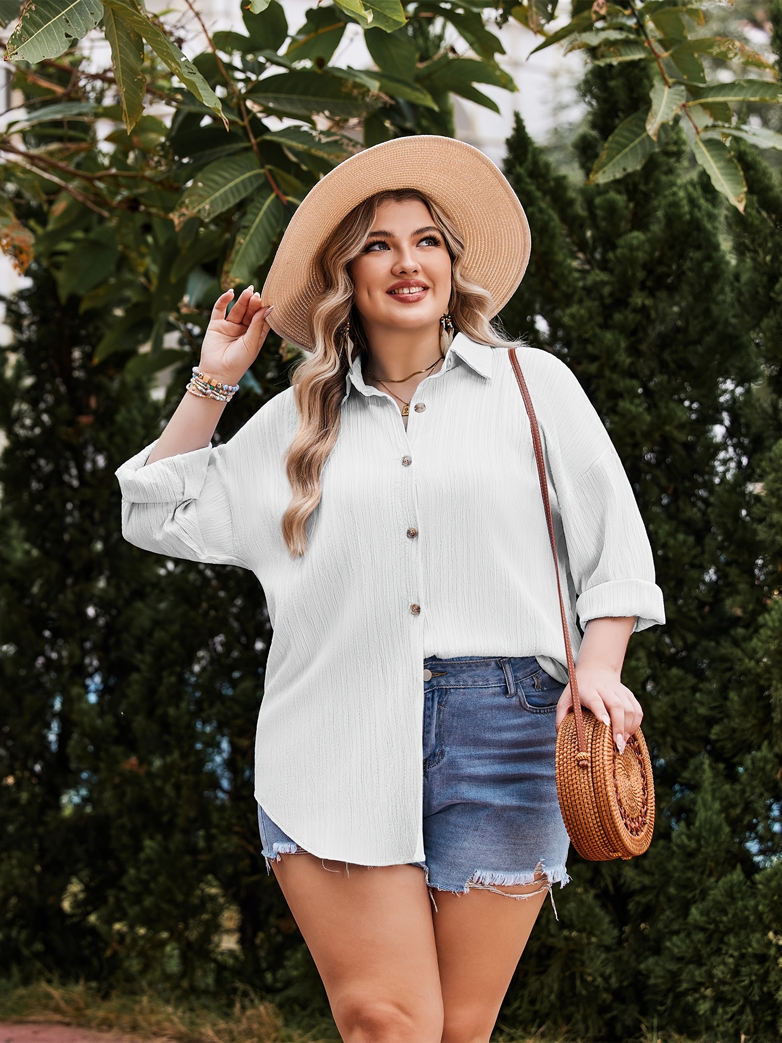 plus size textured button up shirt casual lapel neck long sleeve shirt for daily wear womens plus size clothing details 19