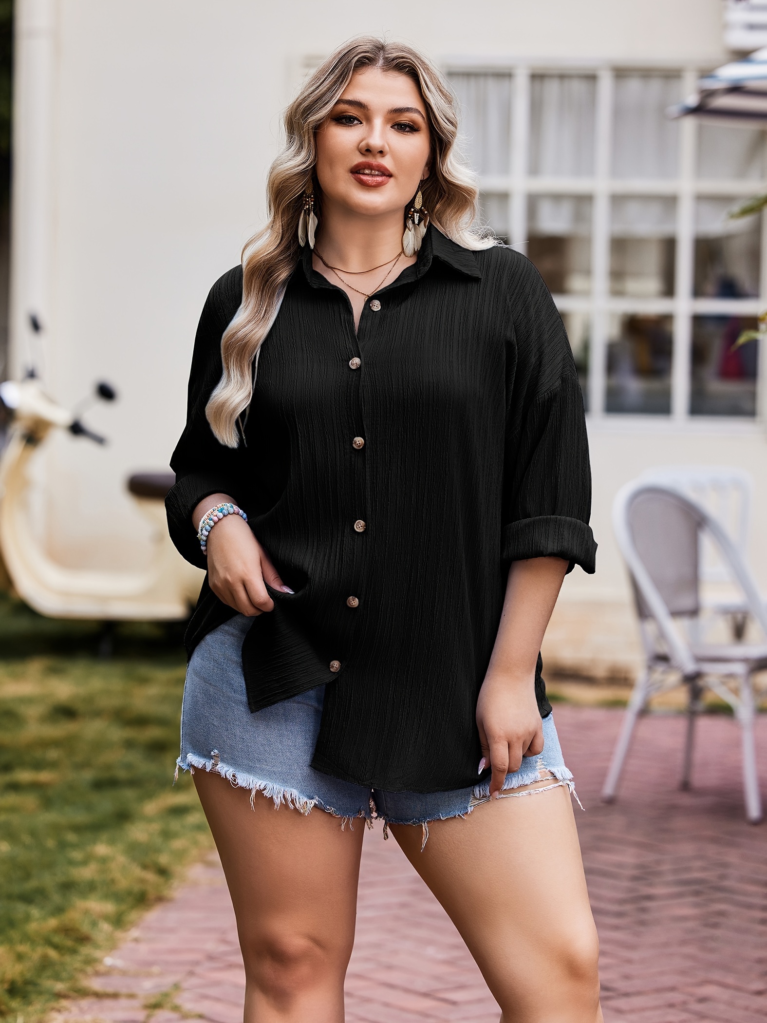 plus size textured button up shirt casual lapel neck long sleeve shirt for daily wear womens plus size clothing details 25