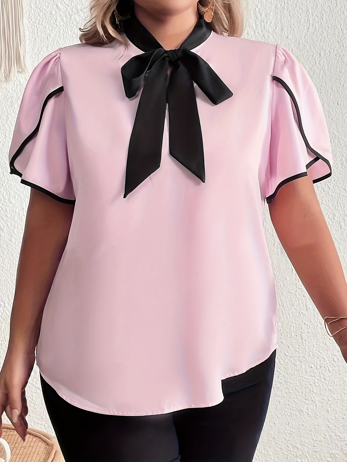 plus size color block tie neck blouse elegant petal sleeve blouse for spring summer womens plus size clothing details 2