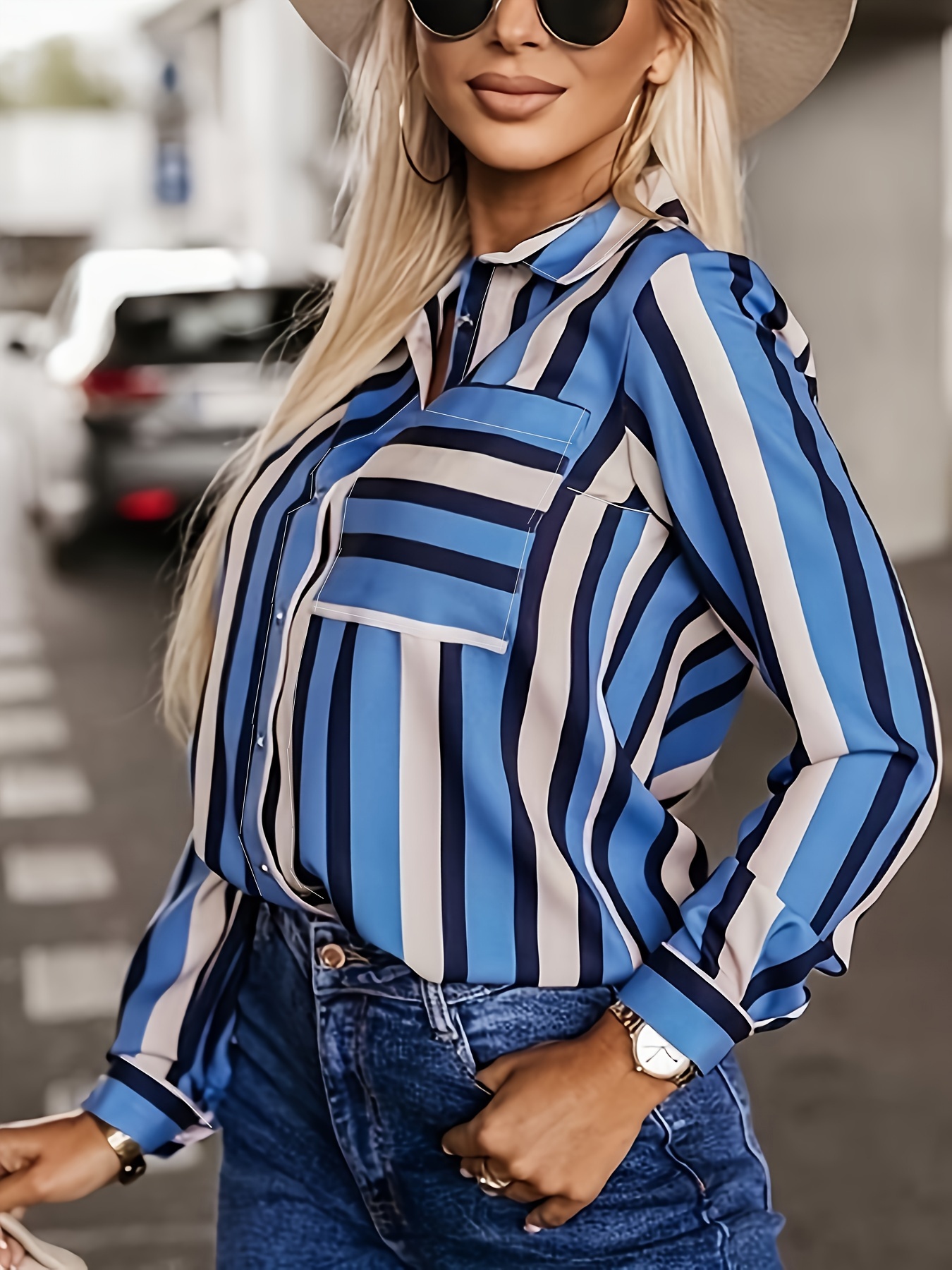 plus size casual blouse womens plus stripe print long sleeve button up lapel collar shirt top details 2