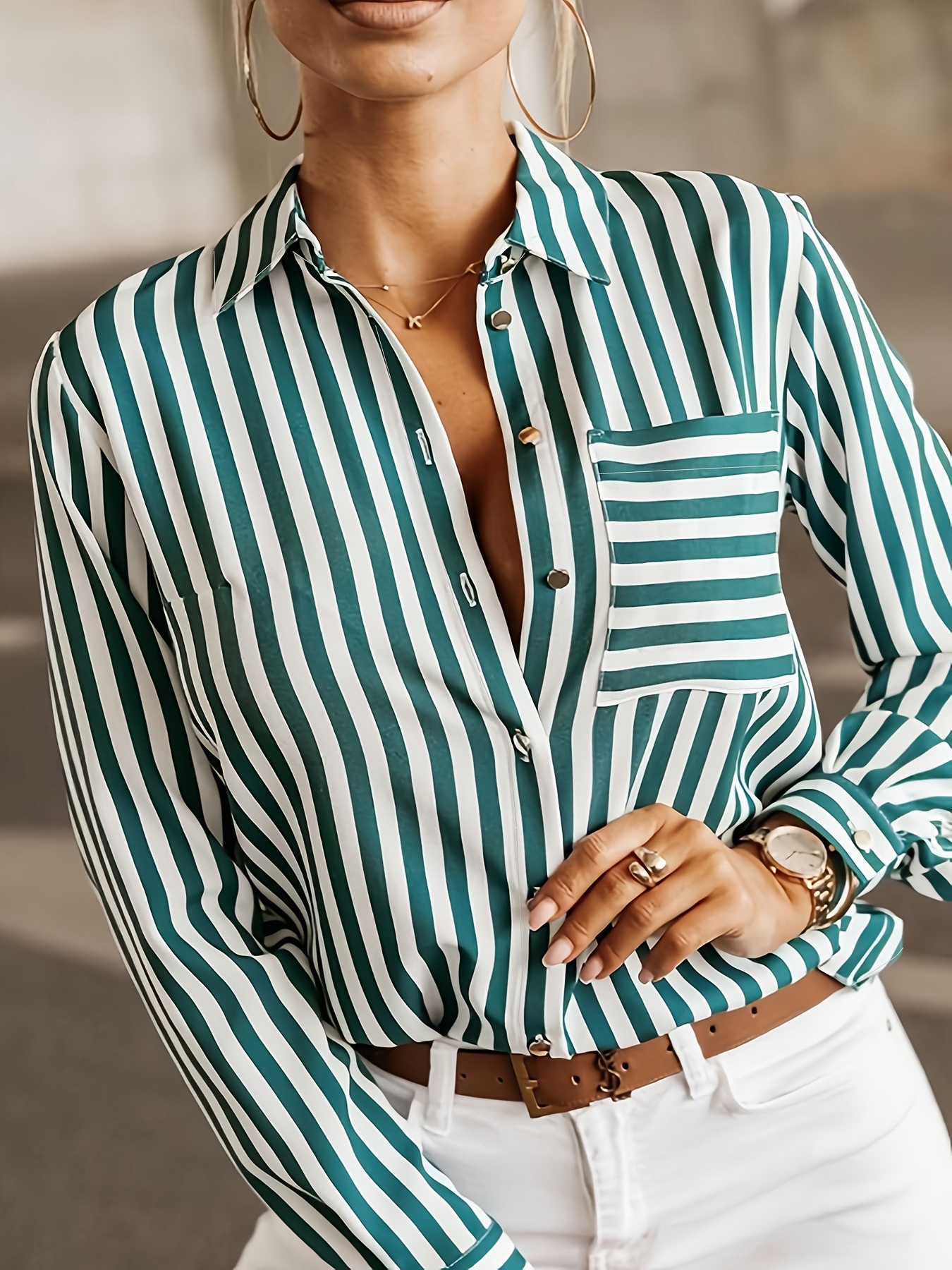 plus size casual blouse womens plus stripe print long sleeve button up lapel collar shirt top details 6