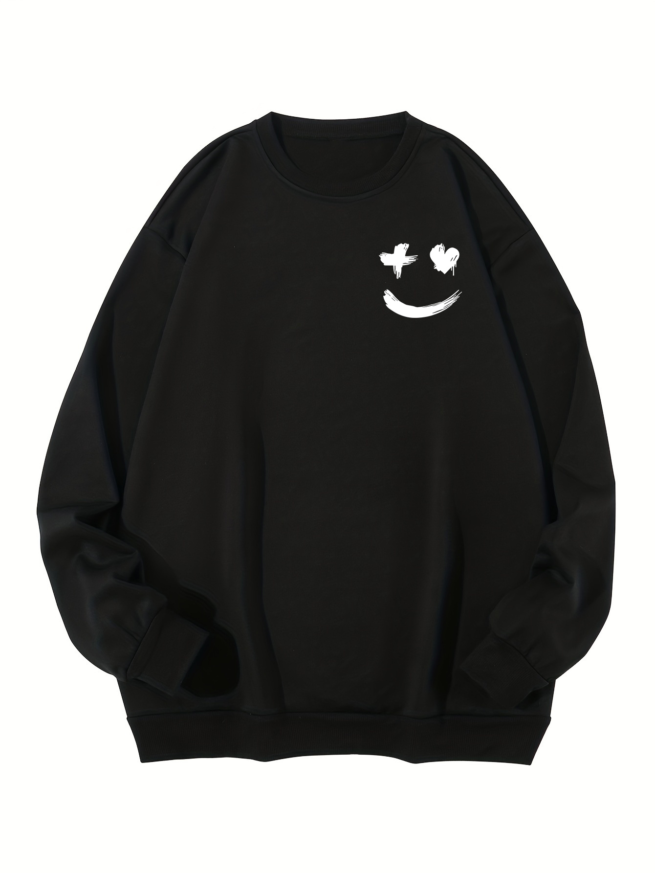 plus size smile face print casual long sleeve crew neck sweatshirt mens sports tops details 1