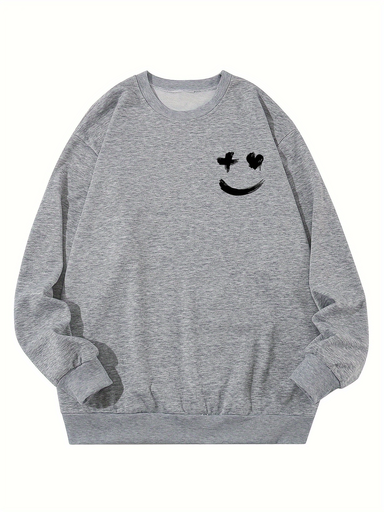 plus size smile face print casual long sleeve crew neck sweatshirt mens sports tops details 5