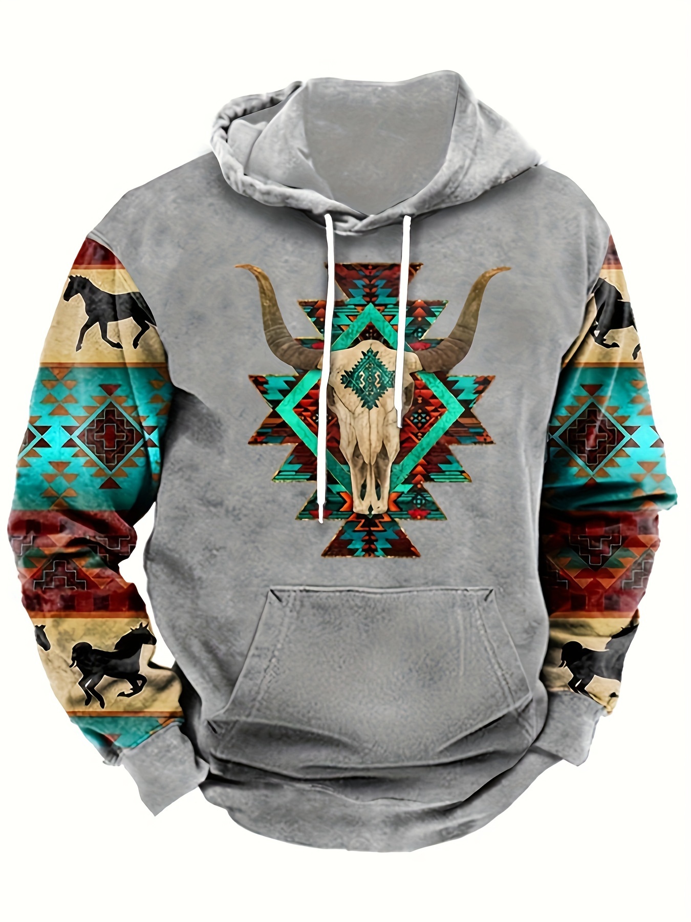 plus size mens ethnic pattern animal skull graphic print hooded sweatshirt for fall winter mens clothing details 0