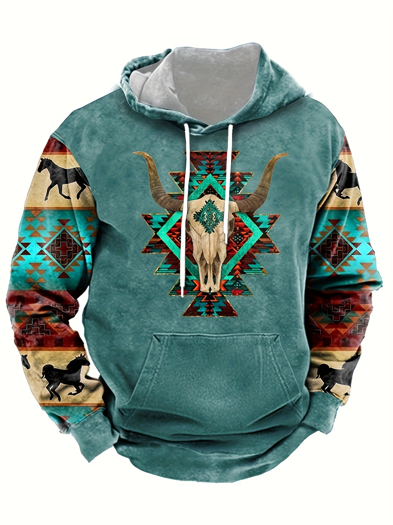 plus size mens ethnic pattern animal skull graphic print hooded sweatshirt for fall winter mens clothing details 7