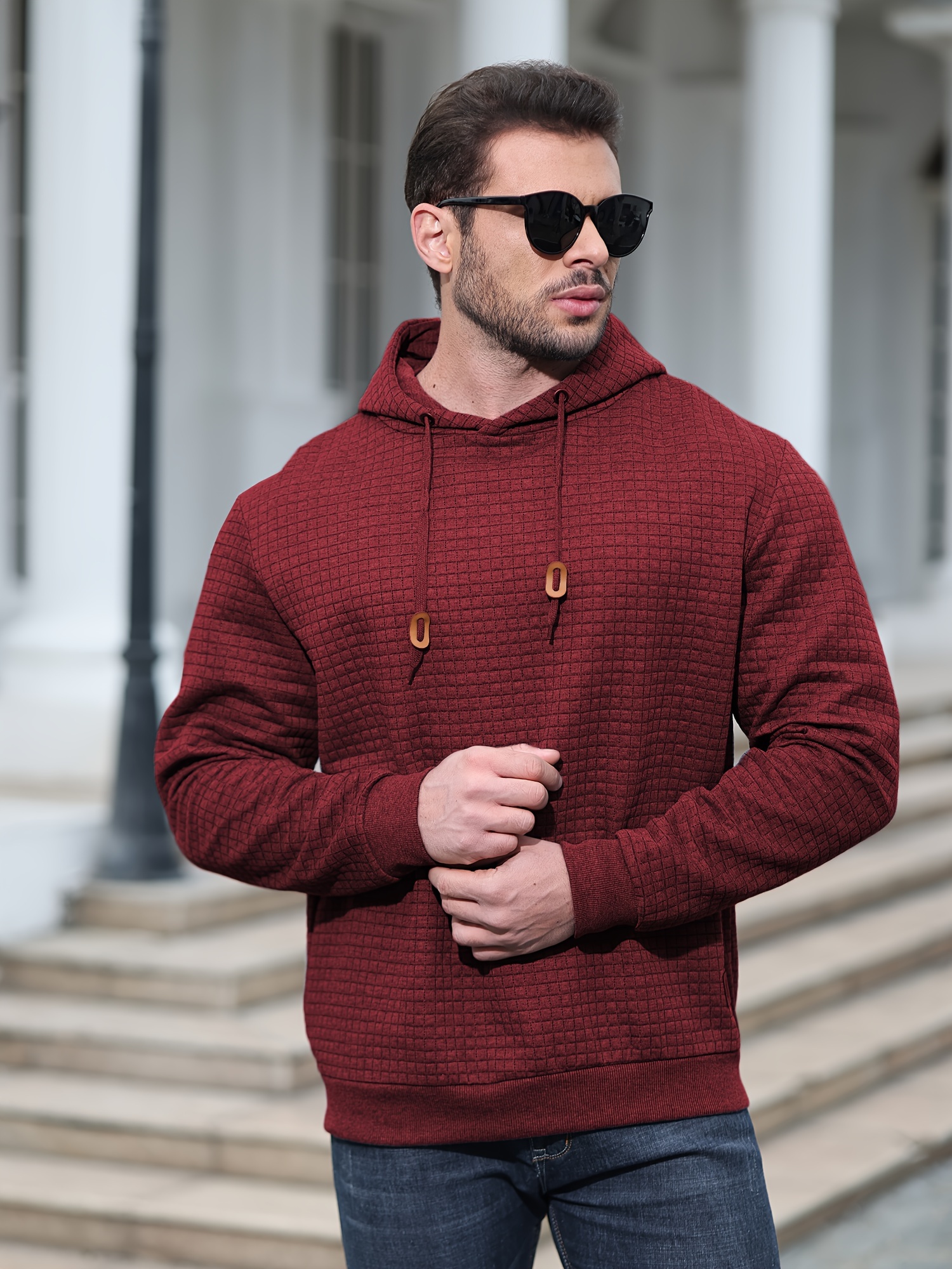 spring autumn mens plus size y2k casual sweater sports sweatshirt hooded sweater checkered jacquard street long sleeved pullover with drawstring details 0