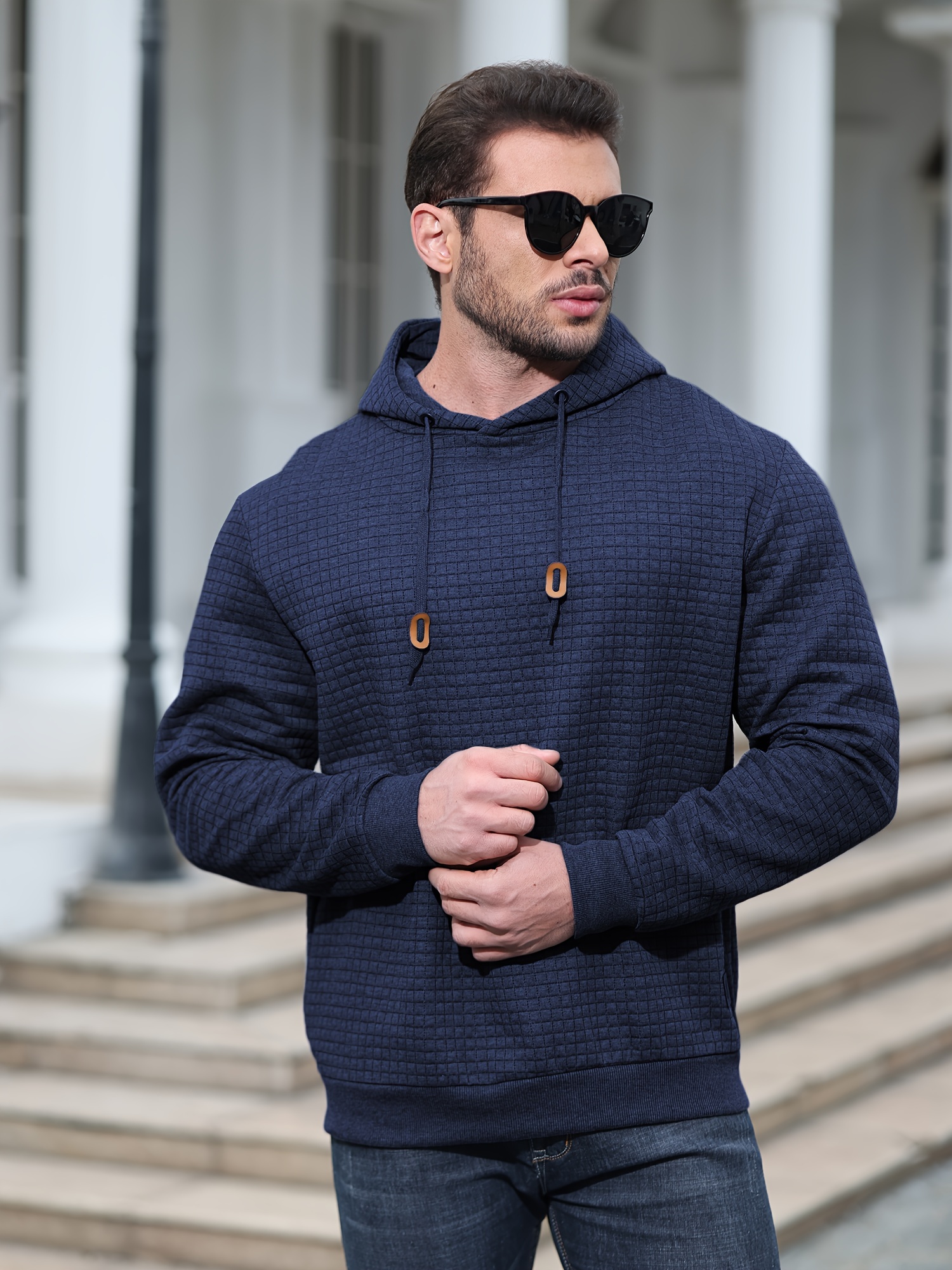 spring autumn mens plus size y2k casual sweater sports sweatshirt hooded sweater checkered jacquard street long sleeved pullover with drawstring details 5