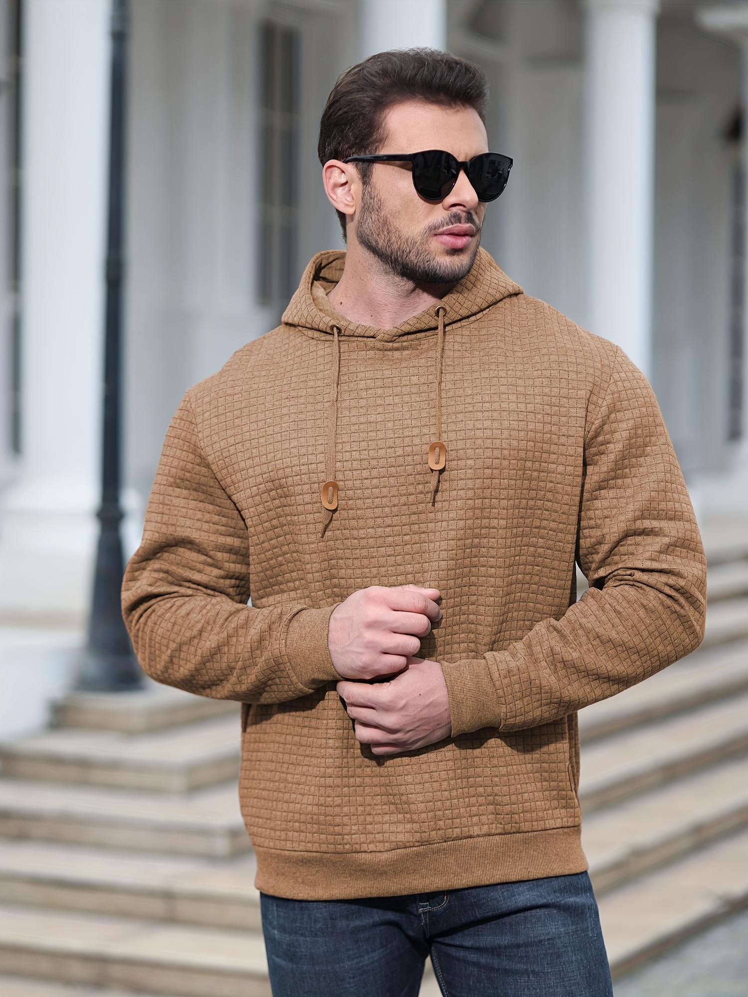 spring autumn mens plus size y2k casual sweater sports sweatshirt hooded sweater checkered jacquard street long sleeved pullover with drawstring details 10