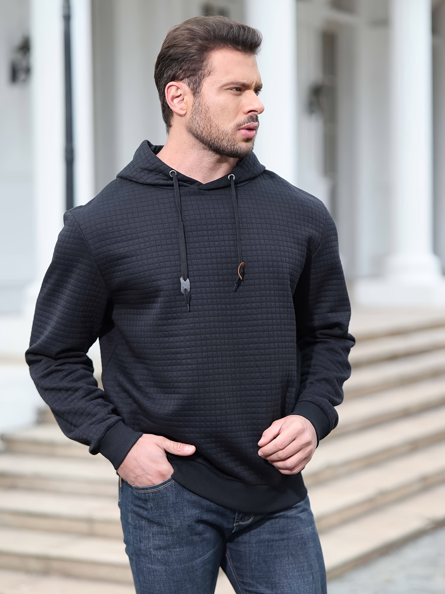 spring autumn mens plus size y2k casual sweater sports sweatshirt hooded sweater checkered jacquard street long sleeved pullover with drawstring details 20