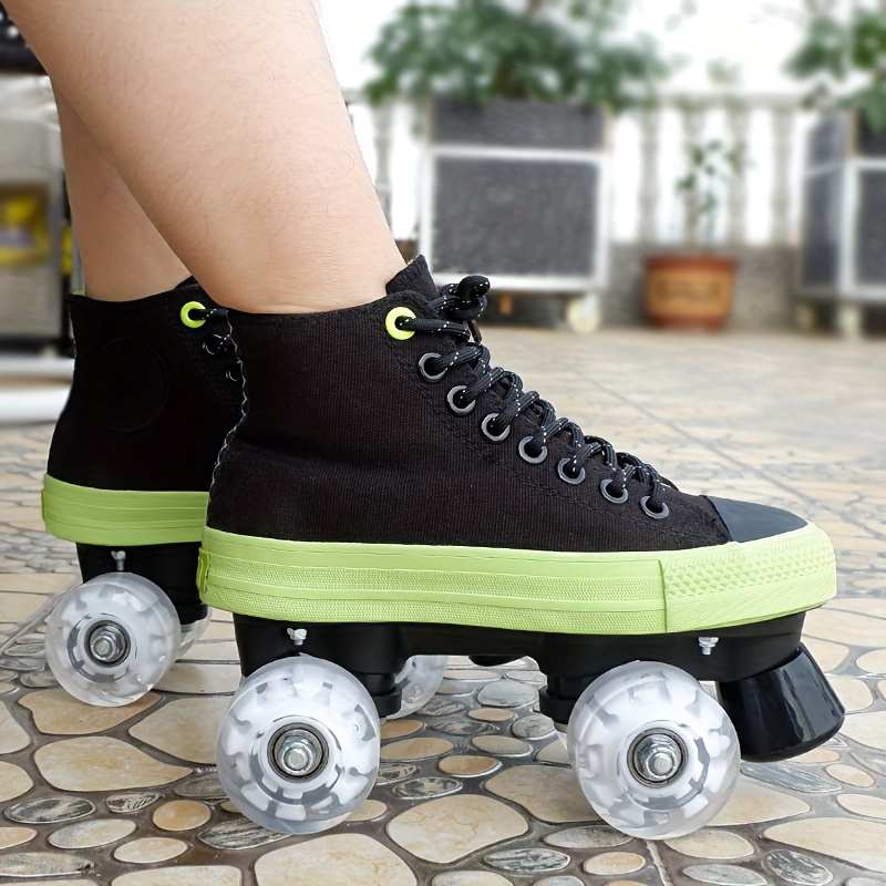 unisex trendy high top roller skates with 4 shiny wheels brake comfy casual breathable canvas skate shoes for mens womens outdoor fun details 2