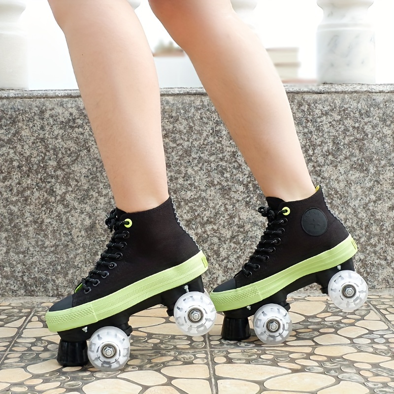 unisex trendy high top roller skates with 4 shiny wheels brake comfy casual breathable canvas skate shoes for mens womens outdoor fun details 3