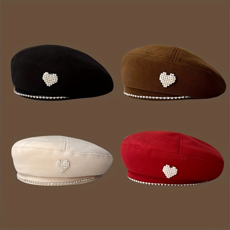 faux pearl heart decor beret elegant solid color beret hats classic french style painter cap for women details 0