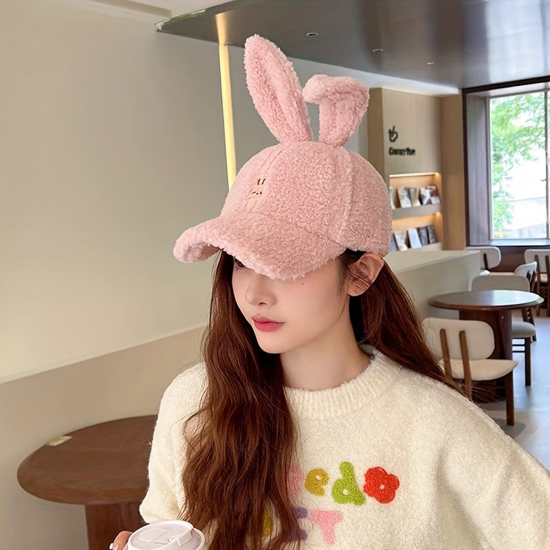 cozy fleece bunny ears baseball cap for women adjustable warm winter hat with cute embroidery perfect for christmas winter hats for women embroidered hat details 0