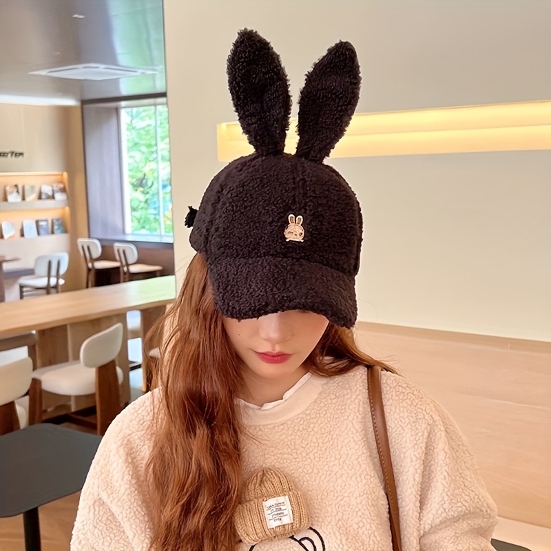 cozy fleece bunny ears baseball cap for women adjustable warm winter hat with cute embroidery perfect for christmas winter hats for women embroidered hat details 1