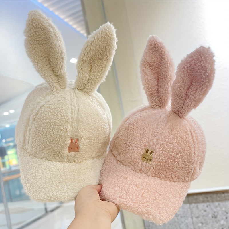 cozy fleece bunny ears baseball cap for women adjustable warm winter hat with cute embroidery perfect for christmas winter hats for women embroidered hat details 3