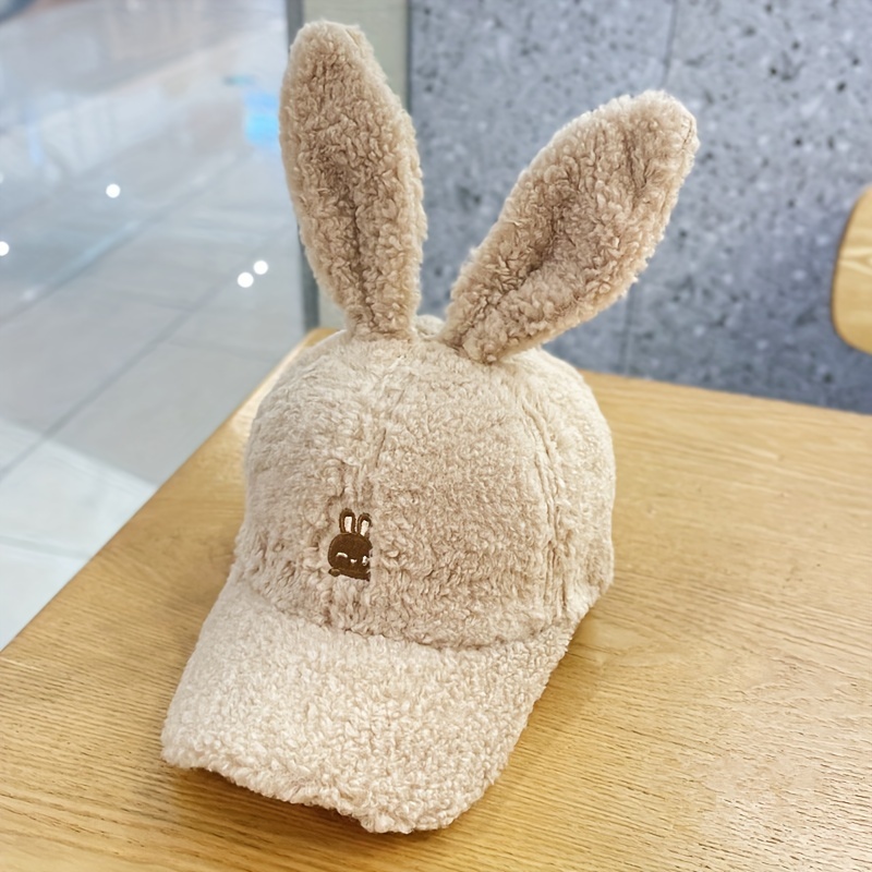 cozy fleece bunny ears baseball cap for women adjustable warm winter hat with cute embroidery perfect for christmas winter hats for women embroidered hat details 5