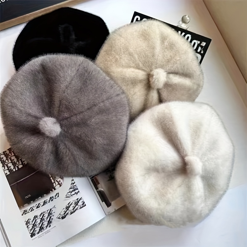 faux mink fur beret hat for women winter warm fashion pumpkin eight panel cap urban style packable woven beret with inelastic design details 0