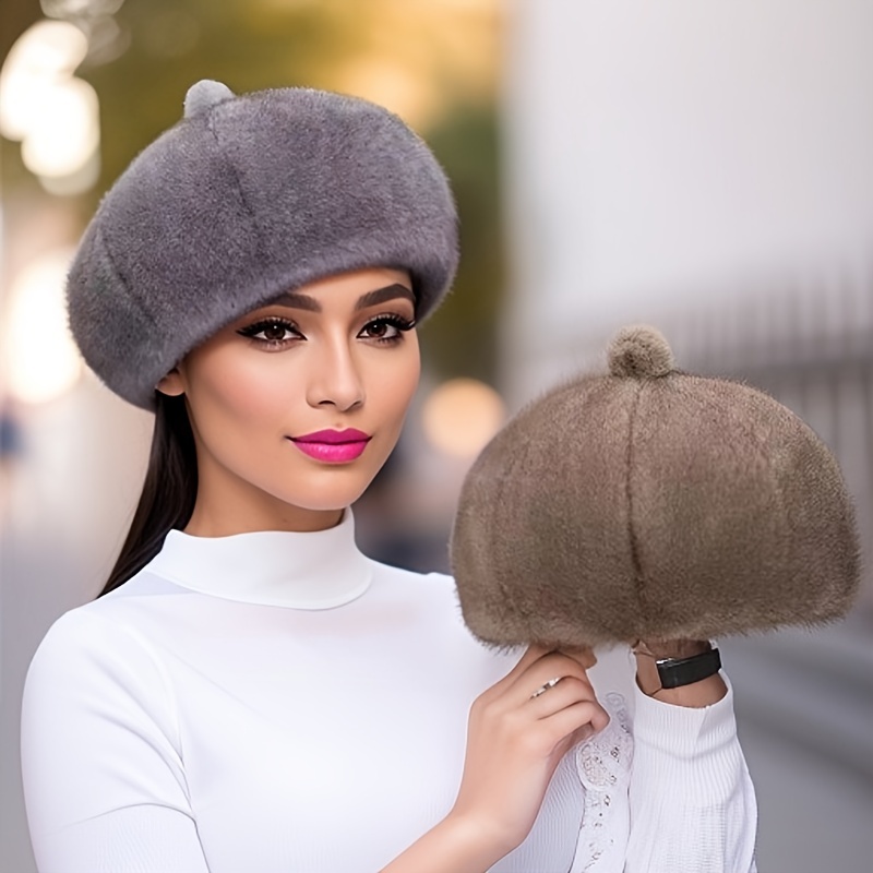 faux mink fur beret hat for women winter warm fashion pumpkin eight panel cap urban style packable woven beret with inelastic design details 2