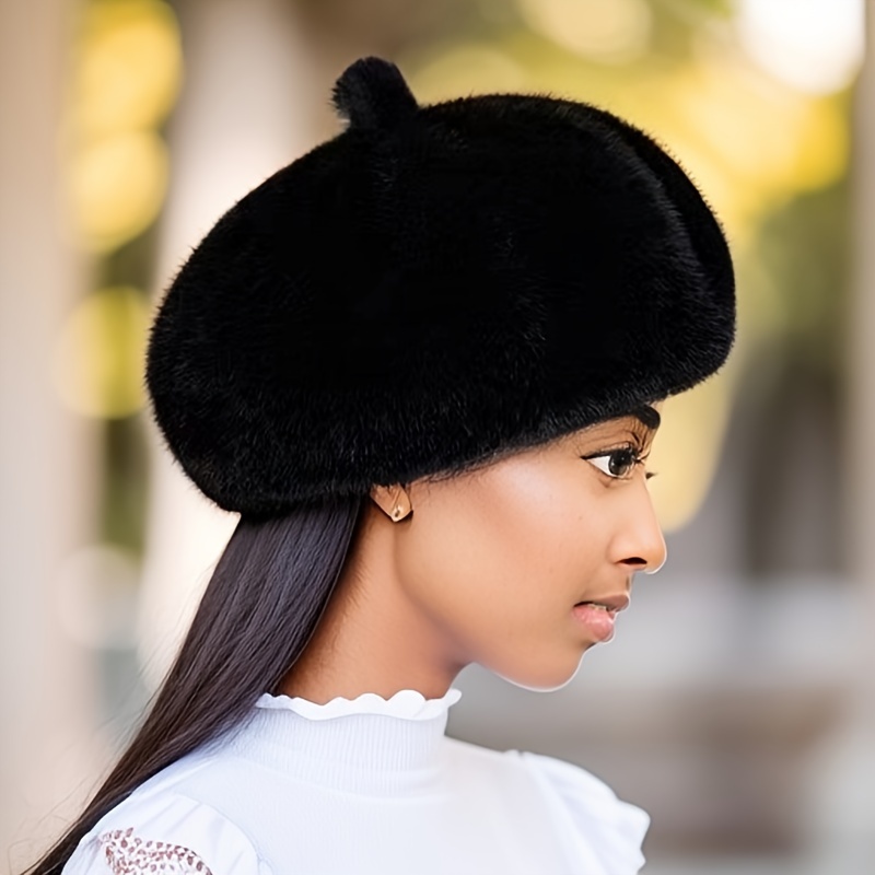 faux mink fur beret hat for women winter warm fashion pumpkin eight panel cap urban style packable woven beret with inelastic design details 5